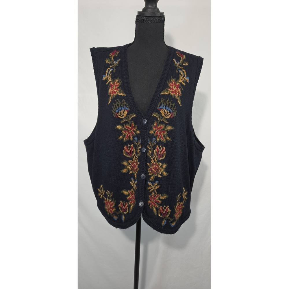 Vtg Maggie Mcnaughton Floral Sweater Vest 2XL Navy 80s 90s Grannycore Cottage